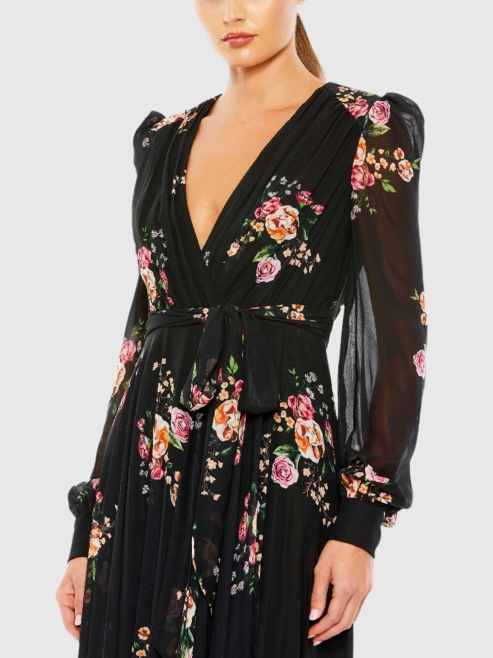 Mac Duggal Size 6 Black Floral 55661 Belted Long Sleeve V-neck Gown Dress Flaws - Picture 3 of 16